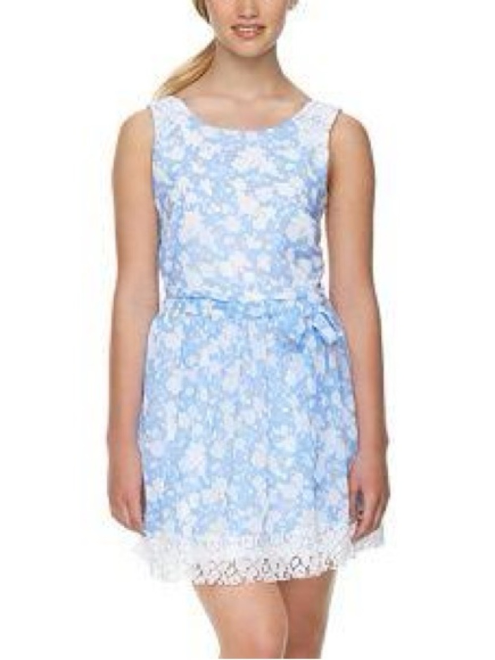 Disney Alice in Wonderland Light Blue Floral Lace Trim Sleeveless Dress with Tie